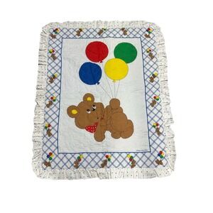Vintage That's Our Baby Quilted Crib Blanket Bear Balloons 80s 90s Primary Color
